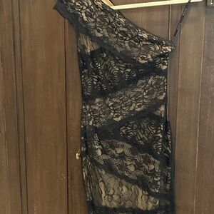 Bebe Addiction black and tan lace one shoulder dress